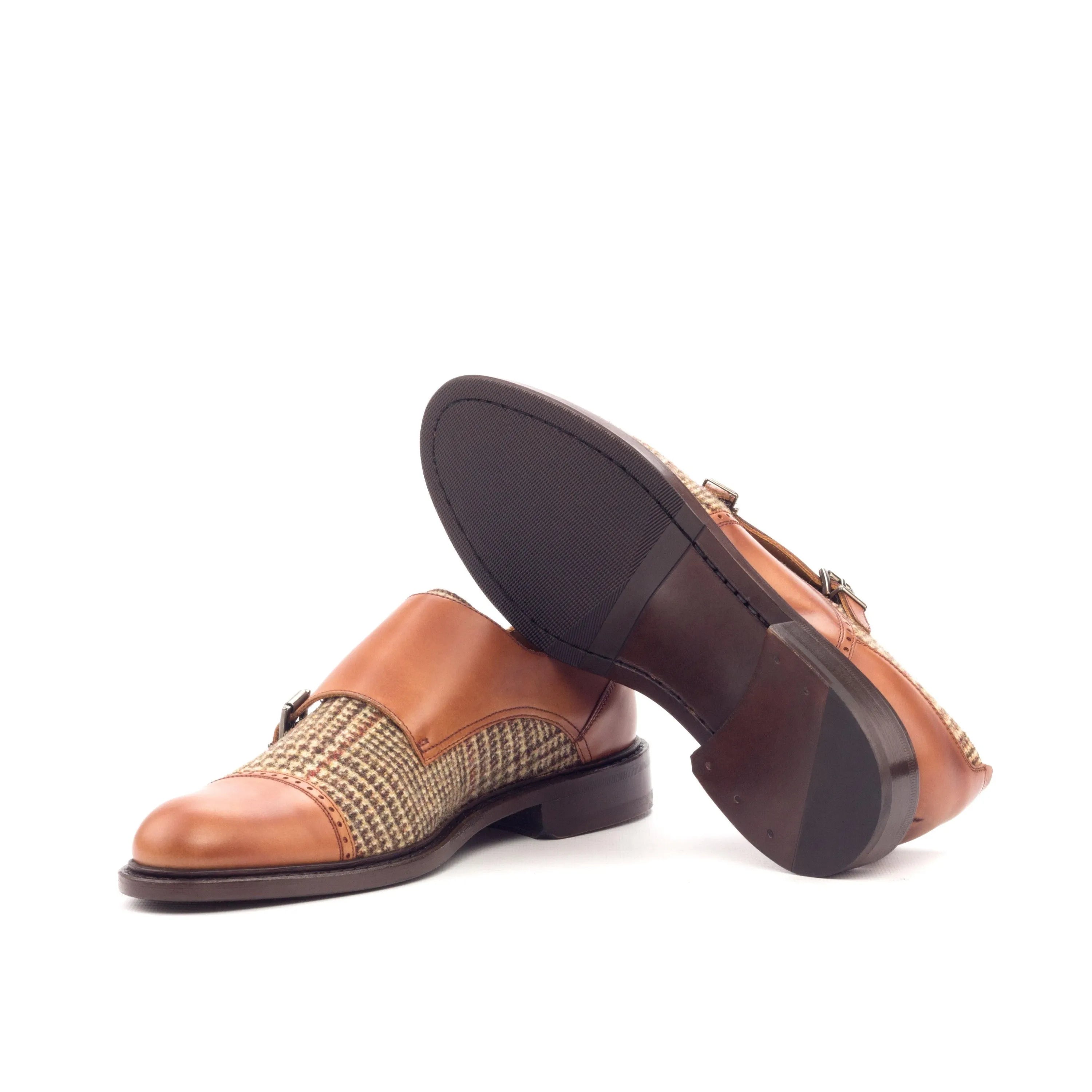 Gina women double monk II brown leather tweed shoes