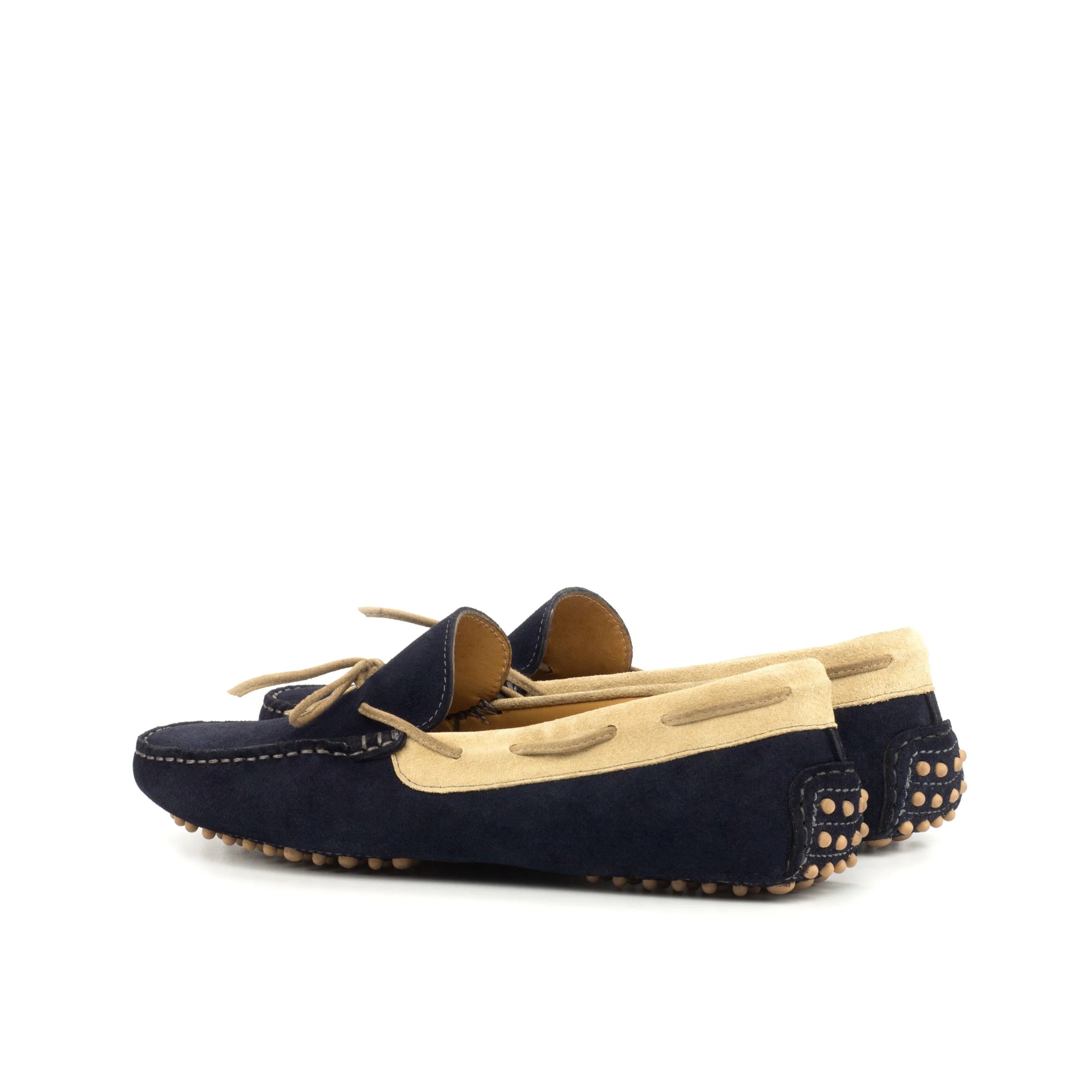 Hudson Driver II navy suede loafers with tan accents and studded soles