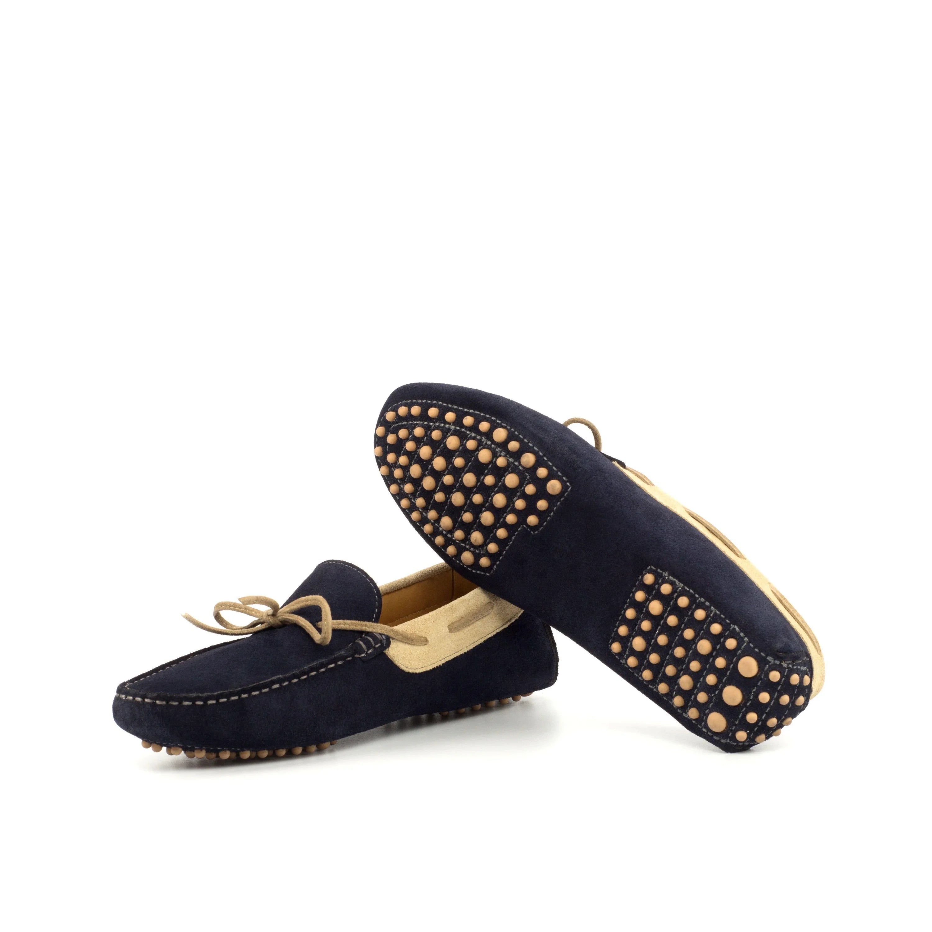 Hudson Driver navy blue suede loafers with gold studs and tan laces, men casual shoes