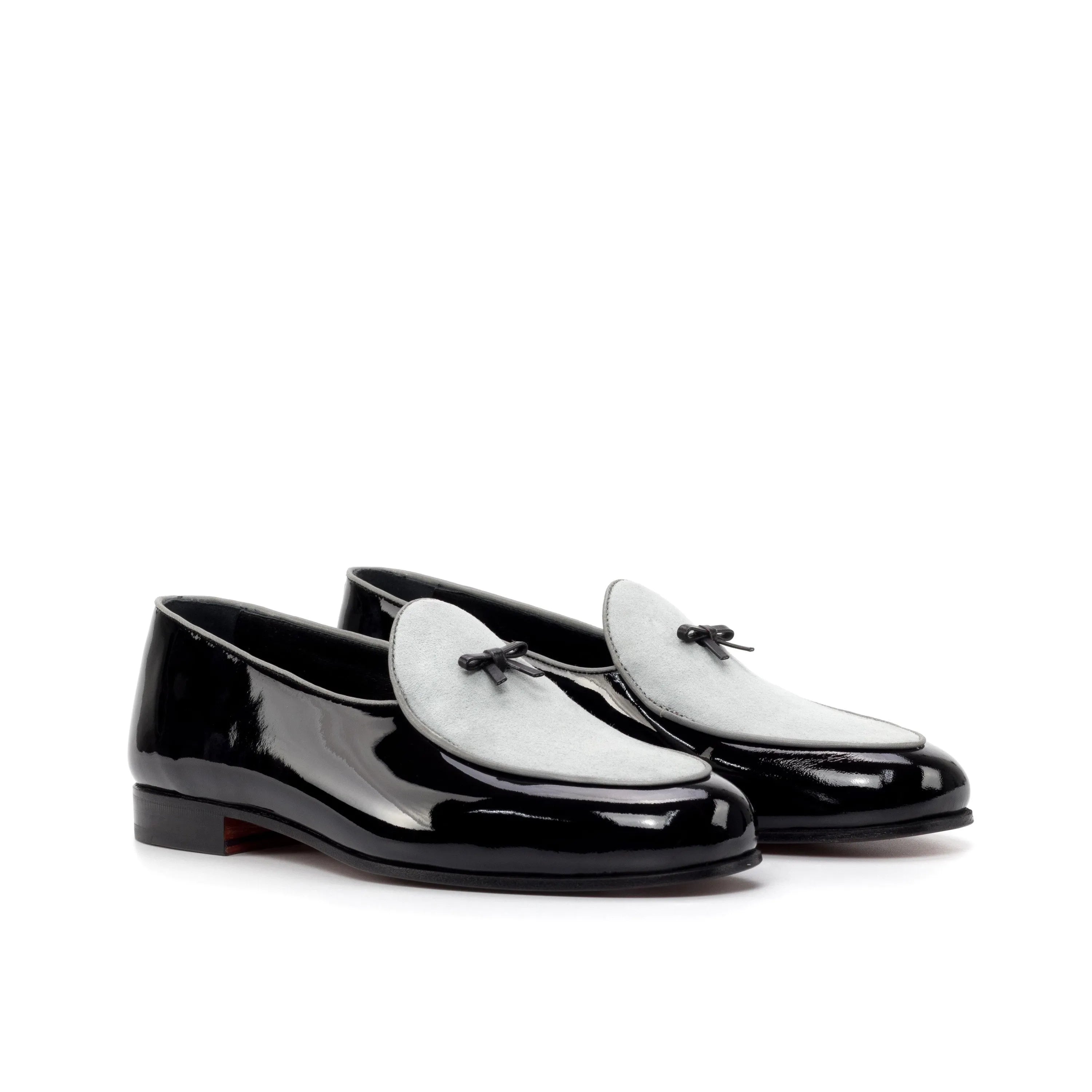 Back view of Jameson Belgian Slipper in black and gray patent leather