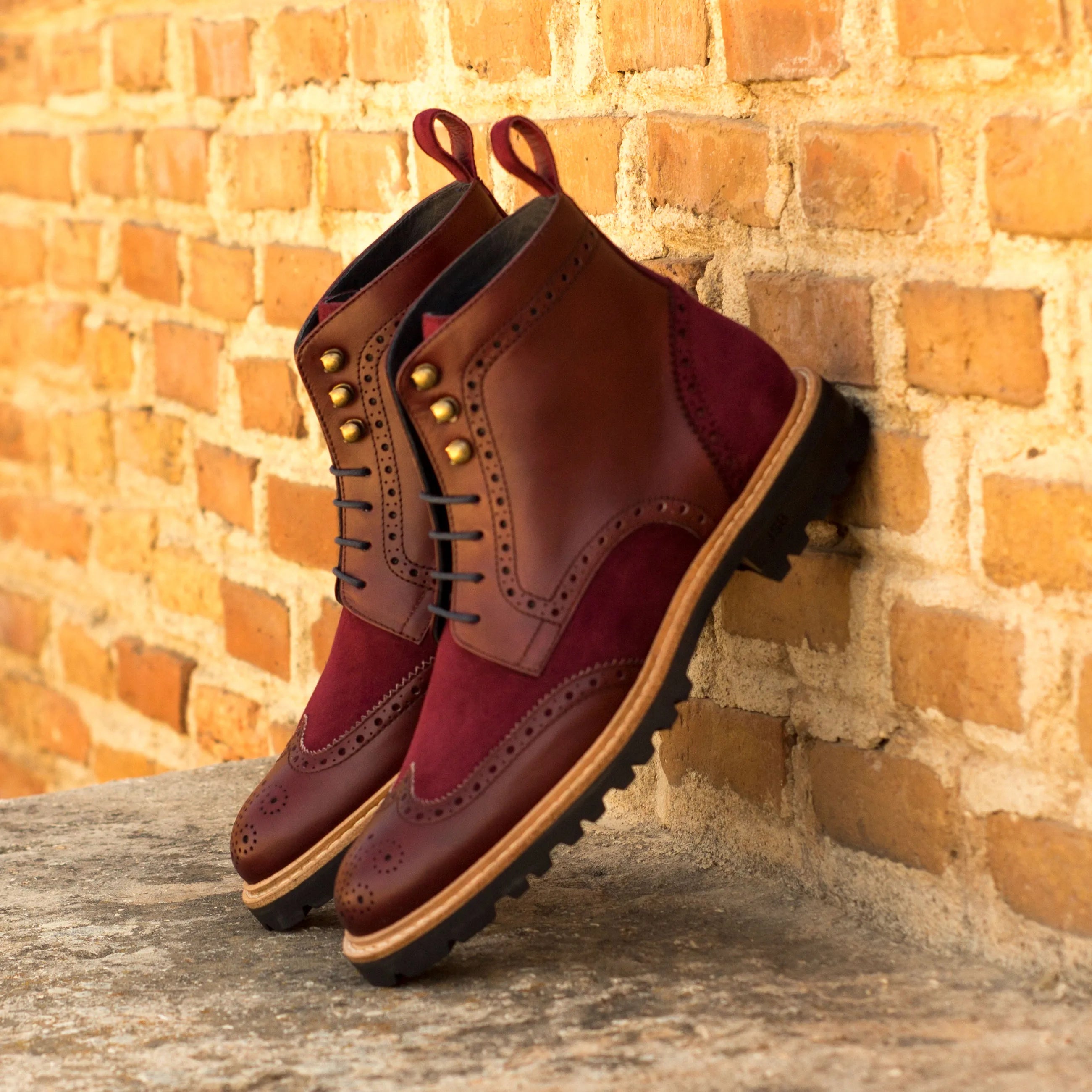 Jayanta ladies military brogue boots in burgundy leather and suede