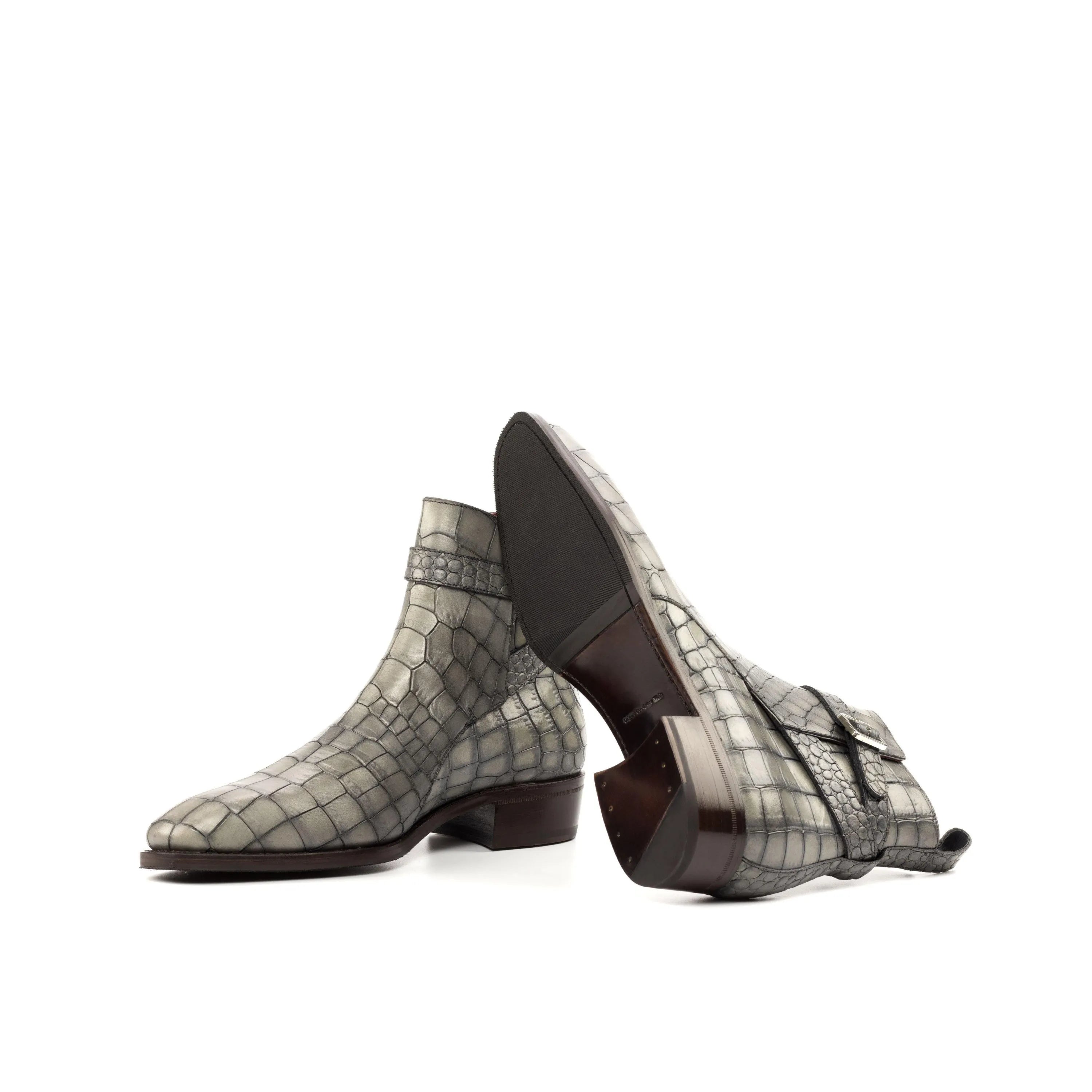 Gray Kain Jodhpur boots in crocodile-patterned ankle design