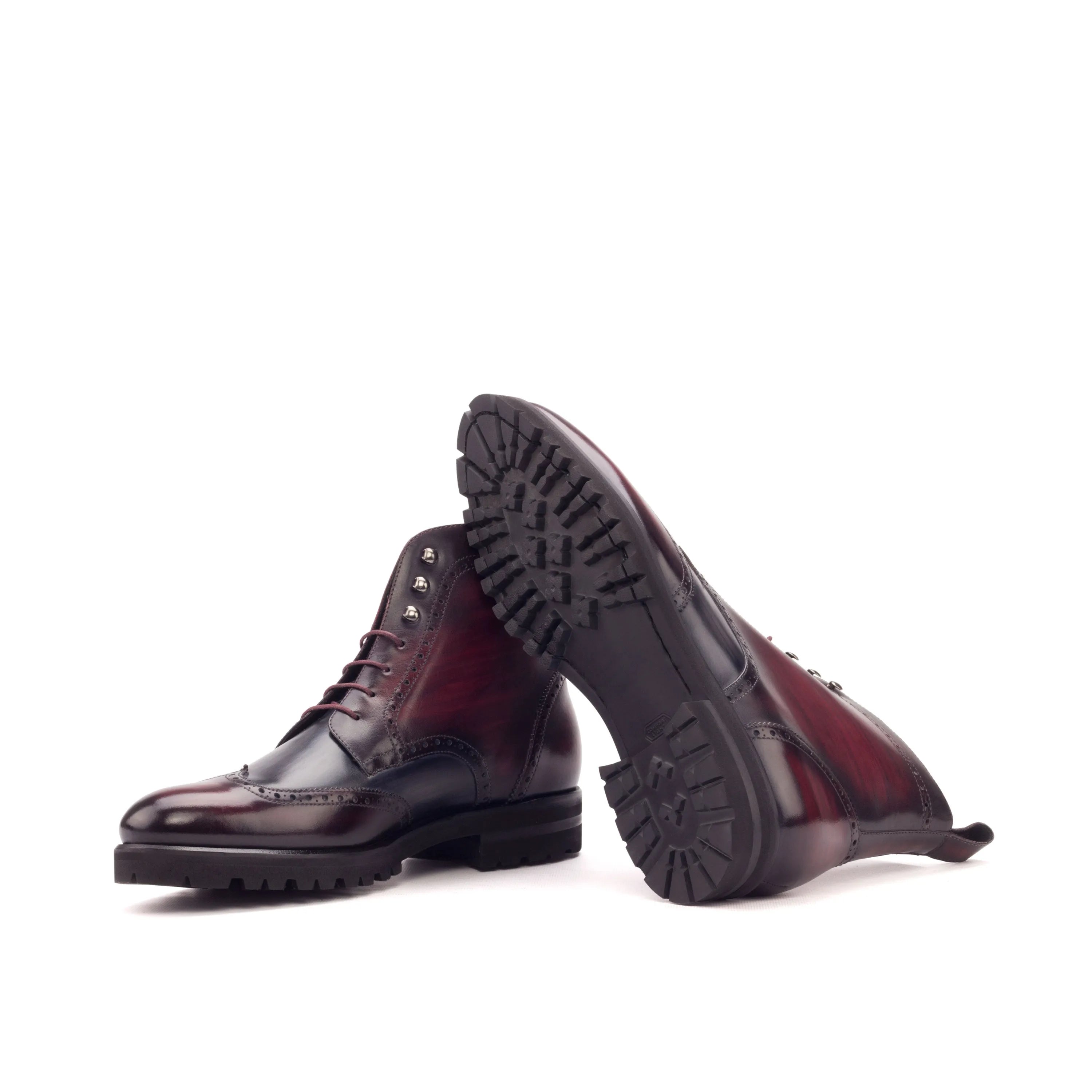 Lincoln military brogue boots in burgundy leather wingtip style