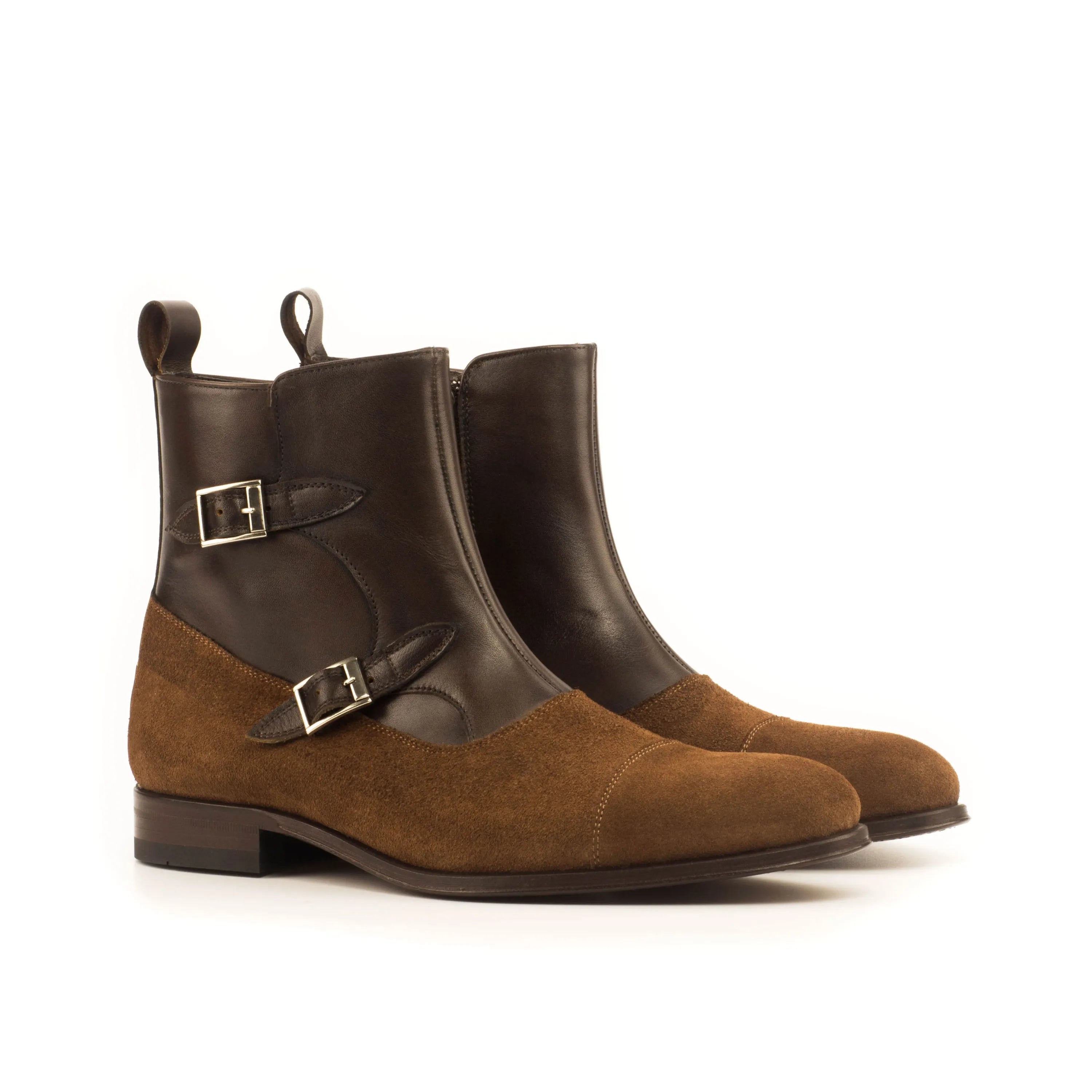 Brown leather and suede Macha Octavian boots monk strap detail
