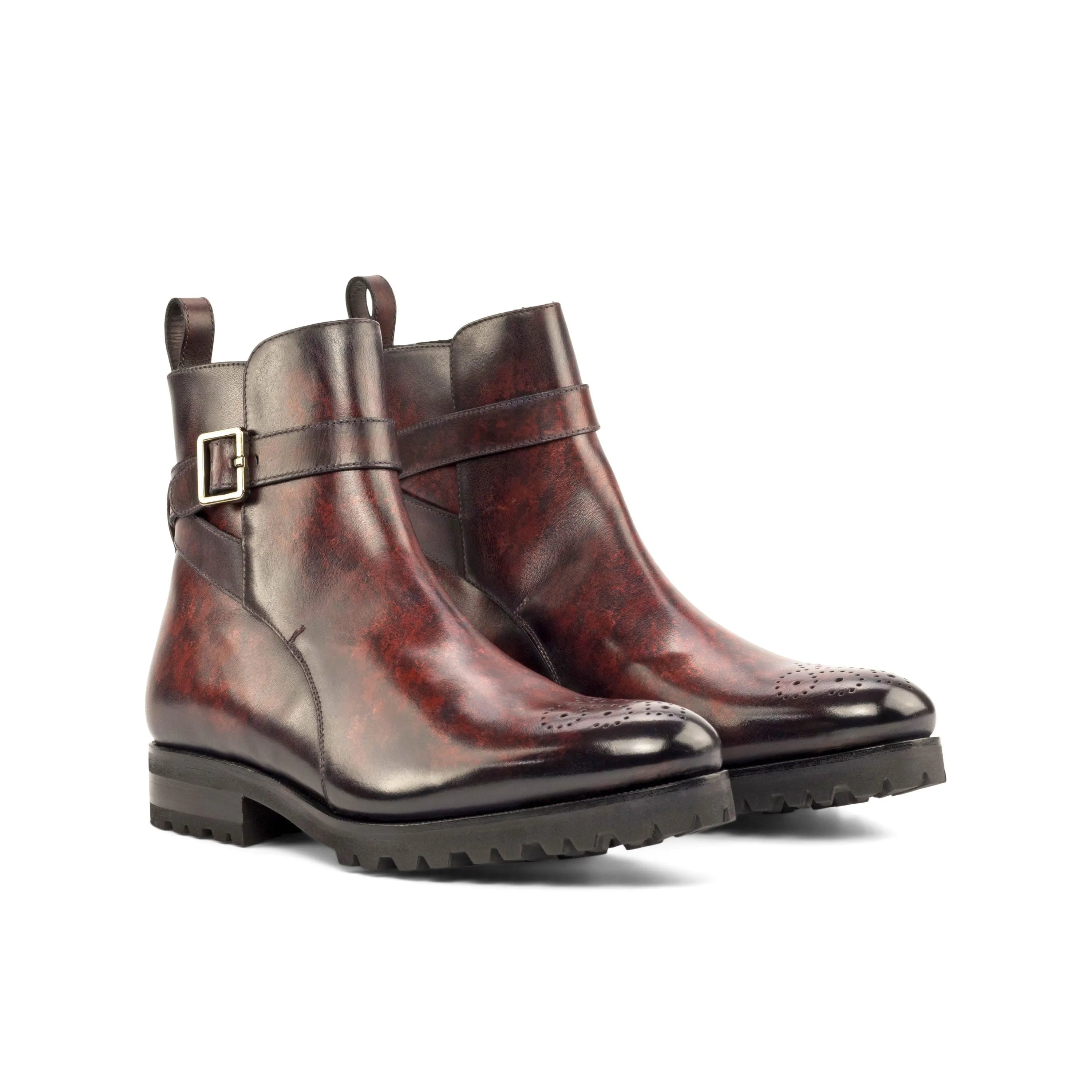 Burgundy leather Mando Jodhpur Patina ankle boots with buckle