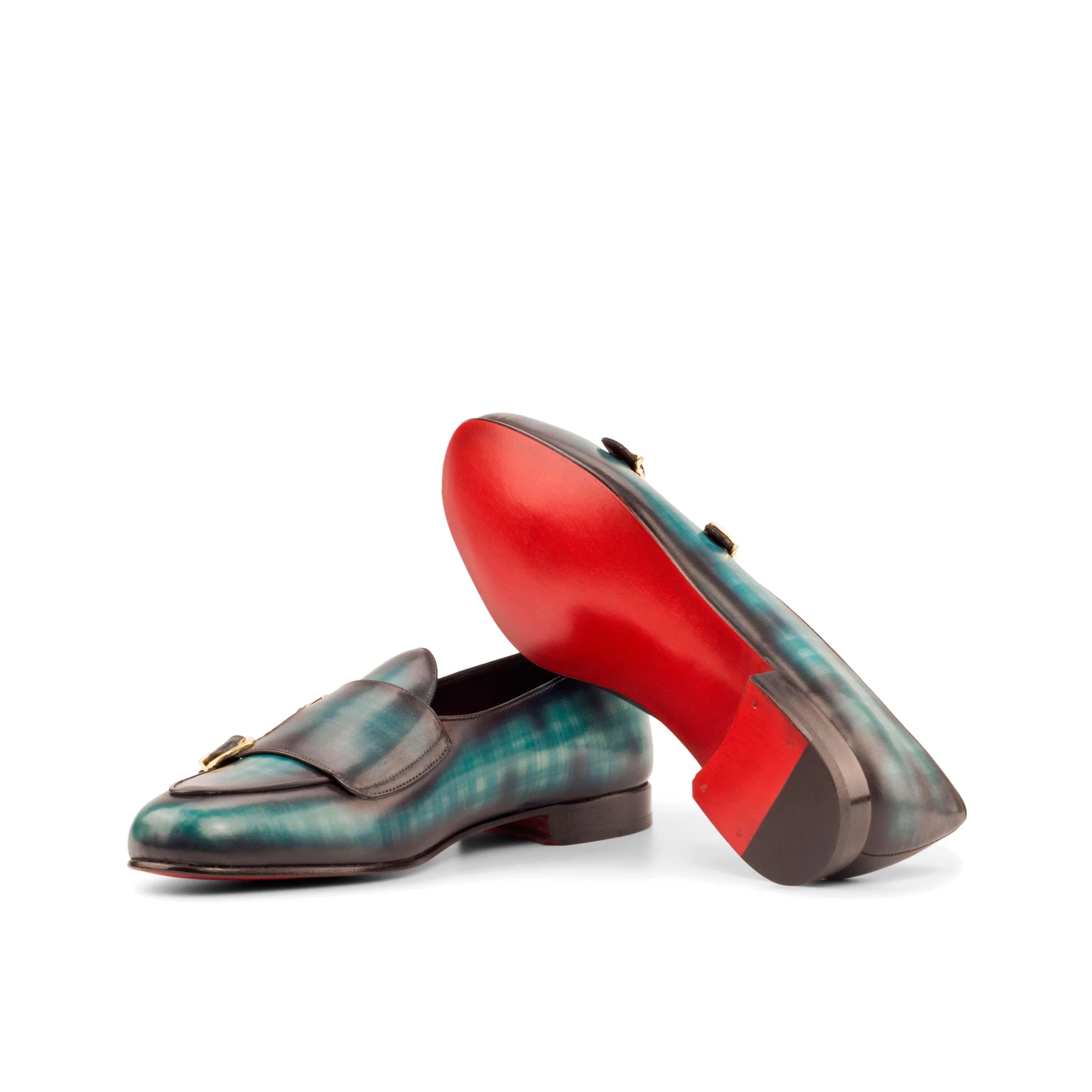 Mercelo Belgian Patina Monk Slipper with green brown leather red soles