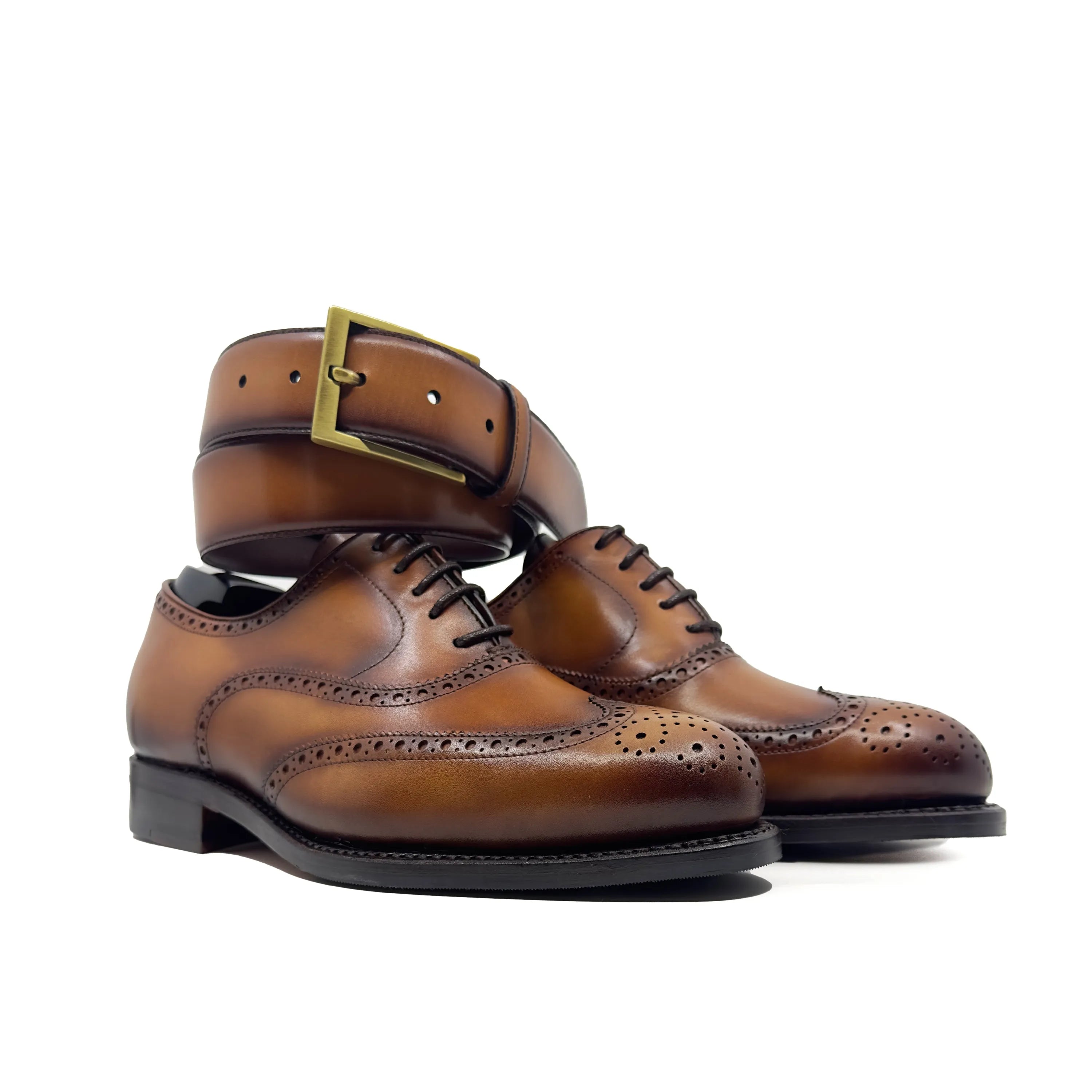 Pawl full brogue brown leather wingtip dress shoes with matching belt