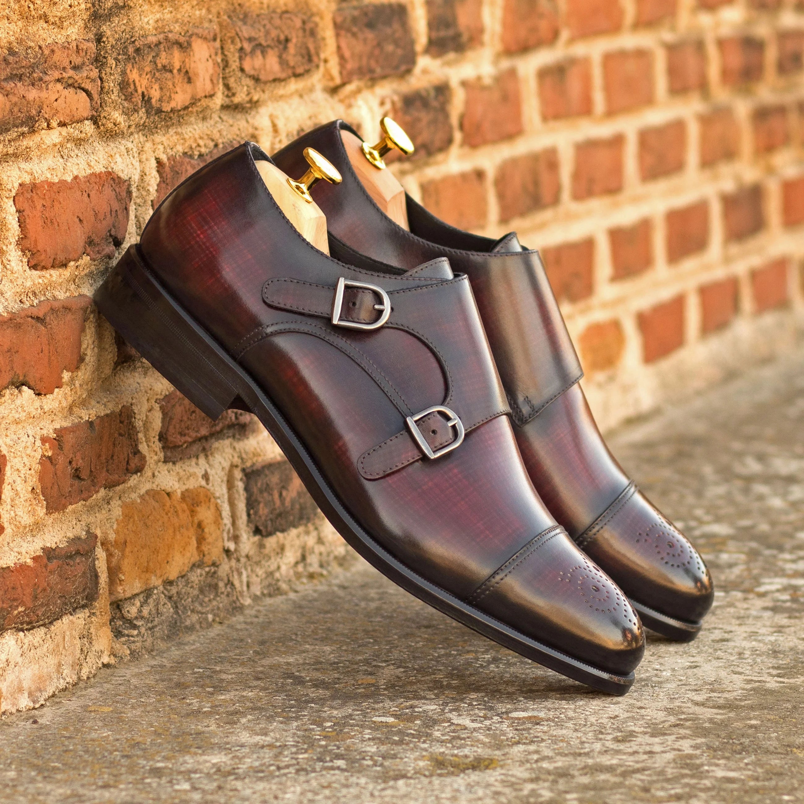 Pizaz Double Monk Patina burgundy leather shoes with gold buckles