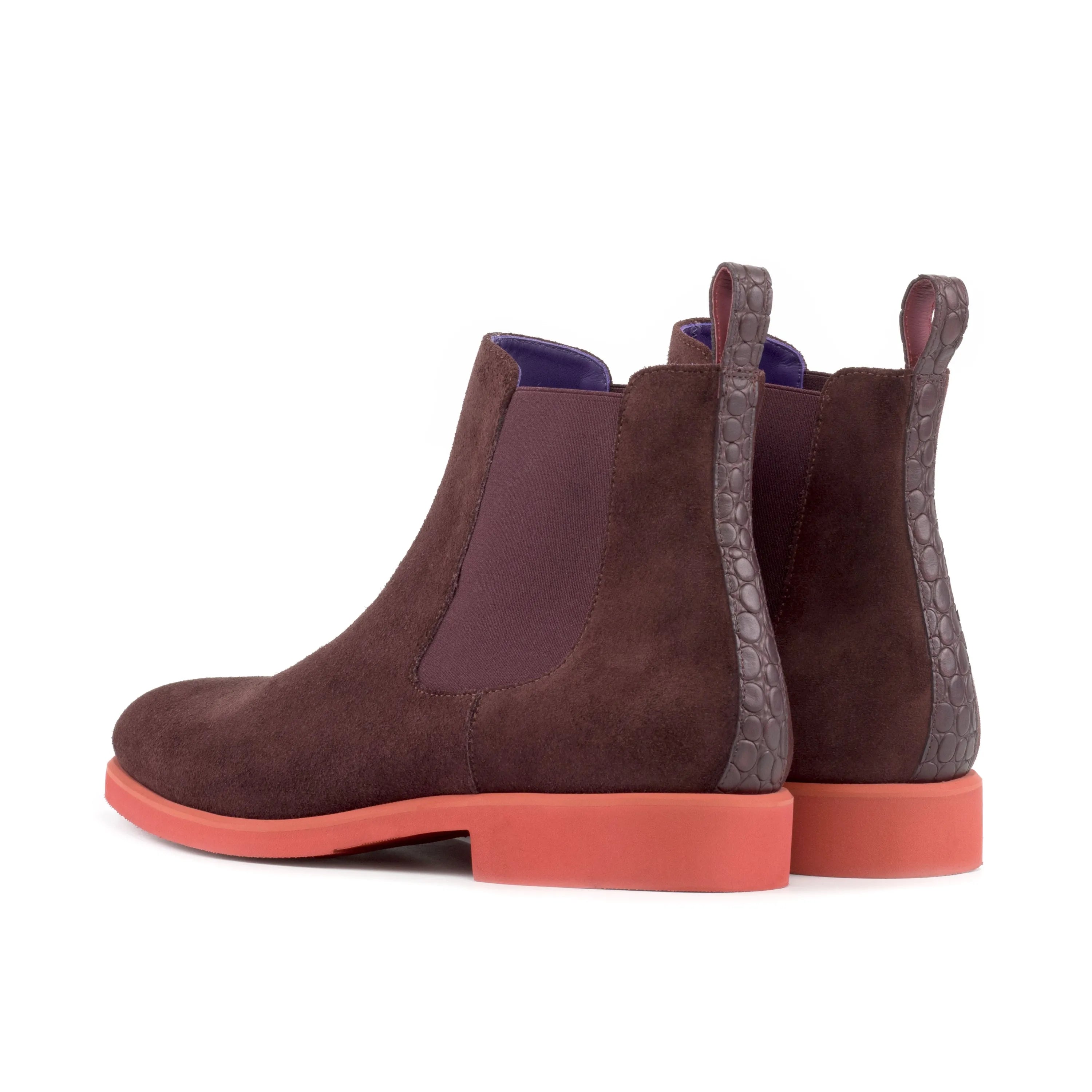 Poppy Chelsea suede boot with brown suede and coral soles
