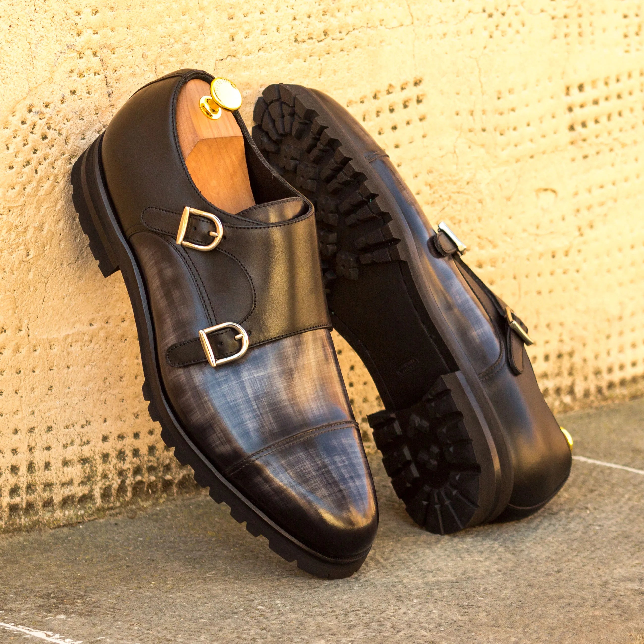 Ramses double monk patina black leather shoes back view