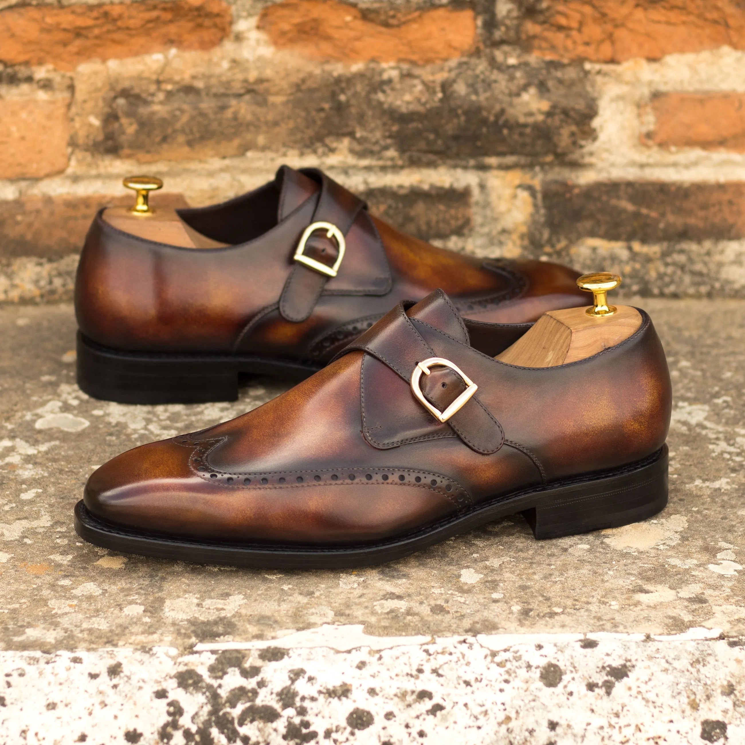 Rinos single monk patina brown leather shoes back view