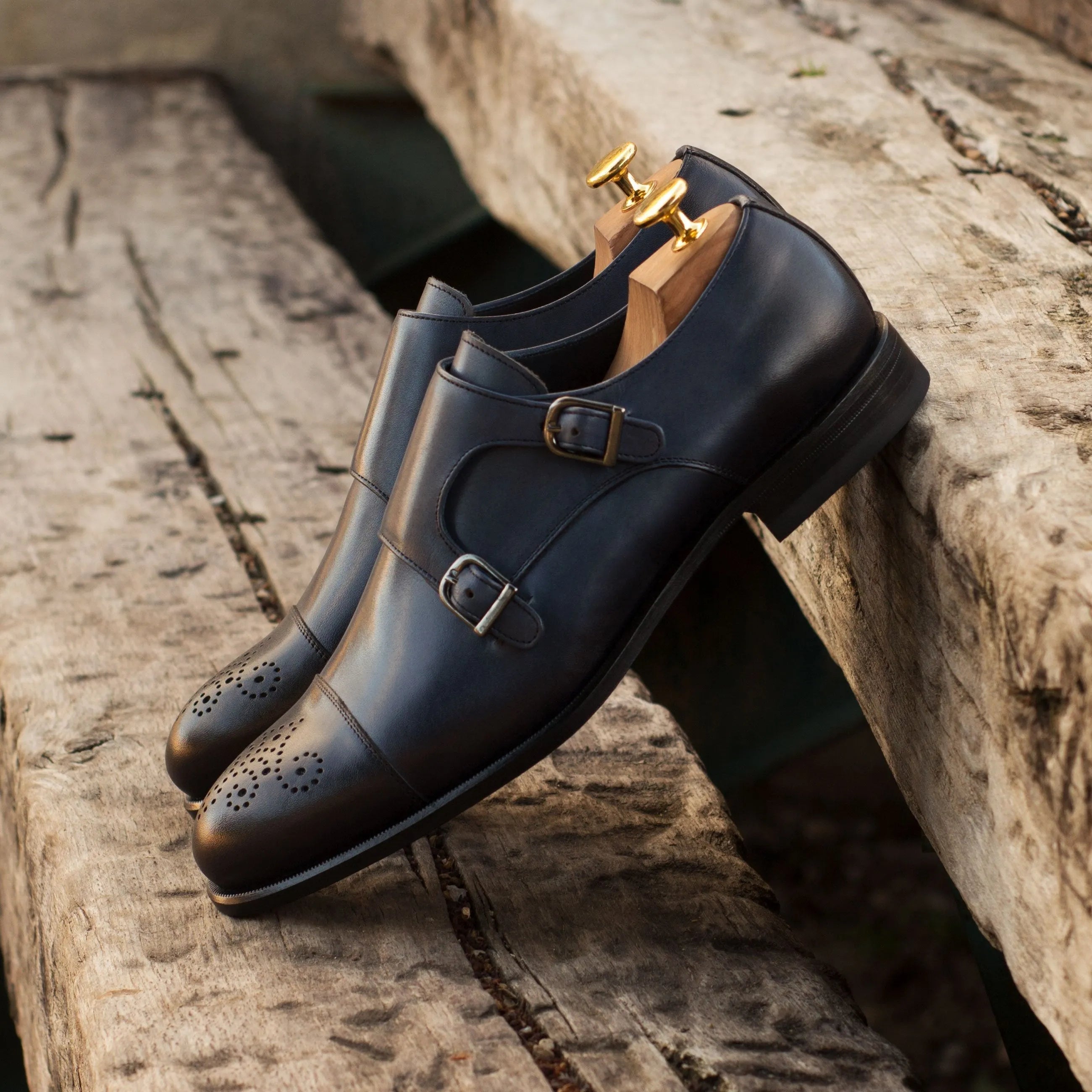 Rivo double monk shoes: pair of black leather monk strap shoes