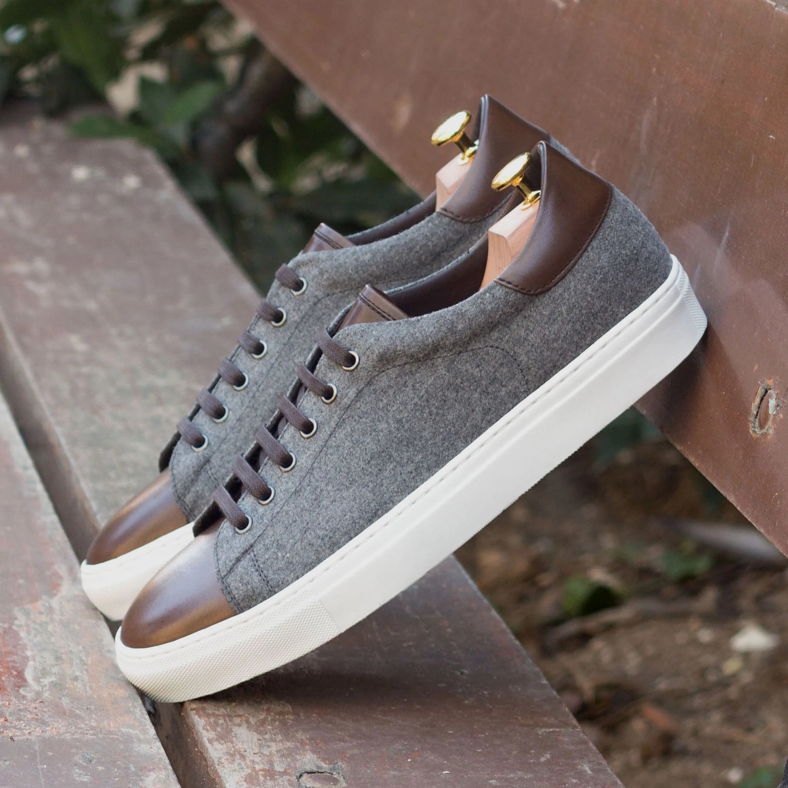 Gray Roger Trainer Sneaker with wool upper and brown leather accents