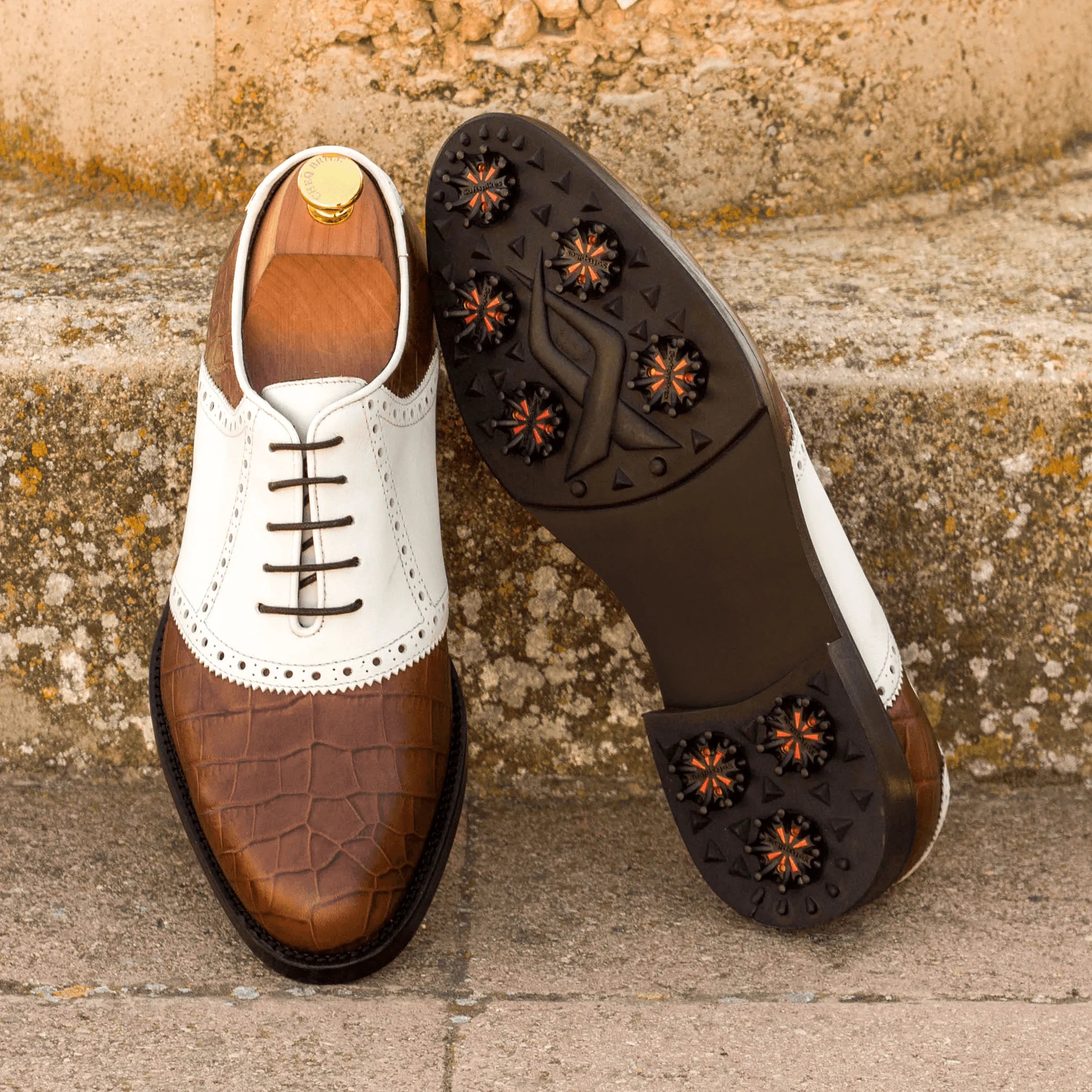 Brown and white Salvador golf shoes II back view