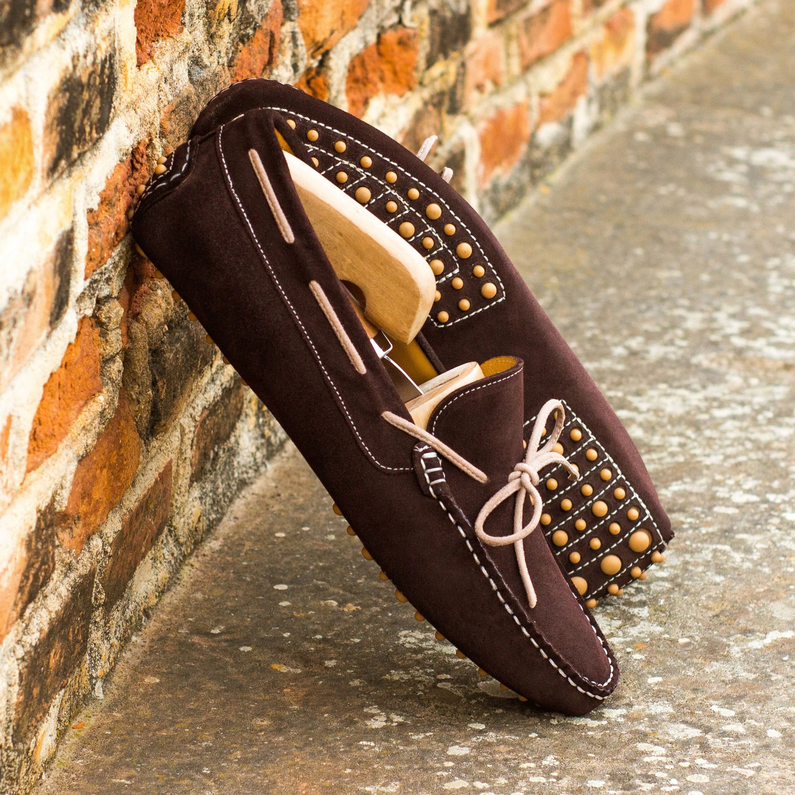 Silver Harbor Driver brown suede loafers with gold studs, men casual shoes