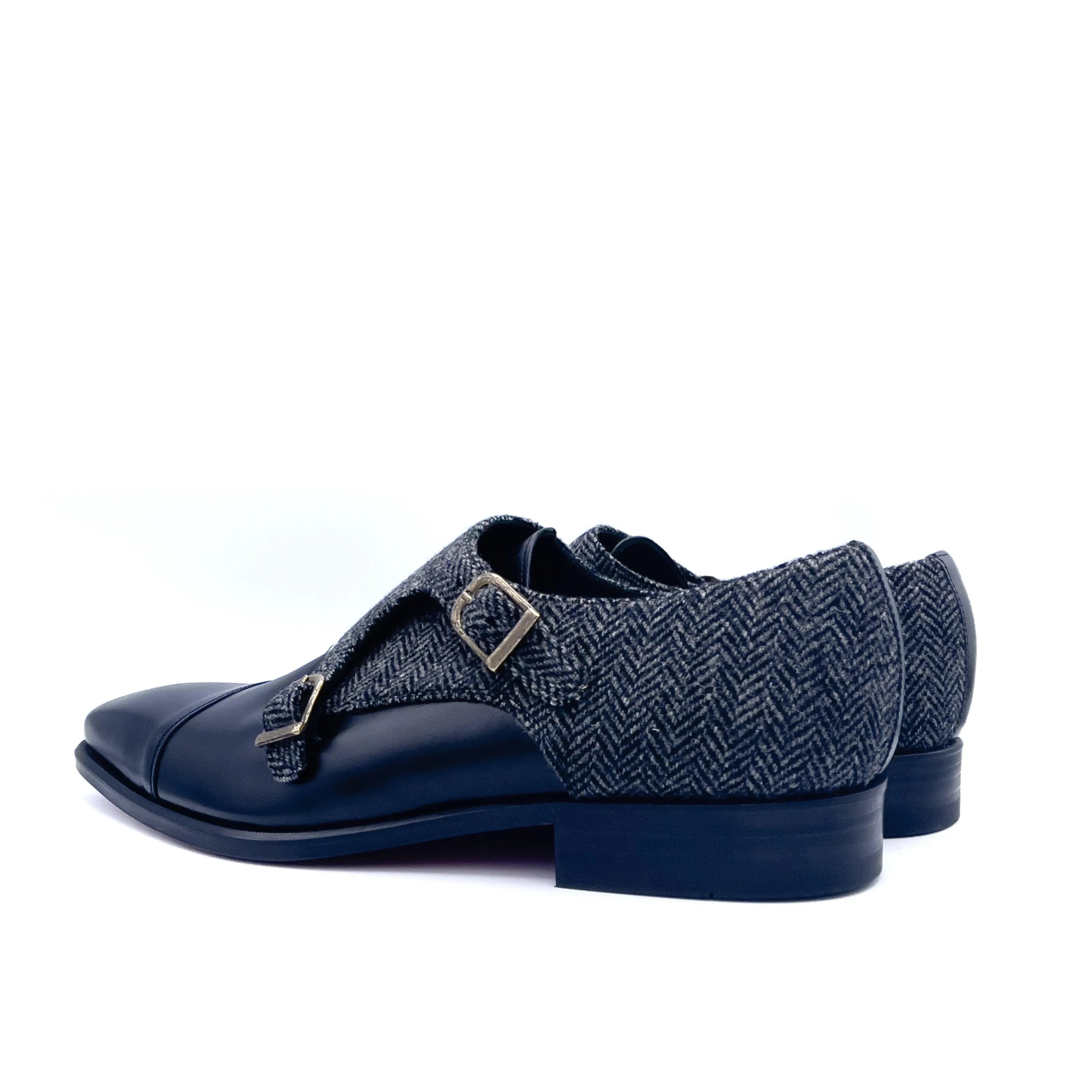 SW20 Double Monk II black leather herringbone mens shoes