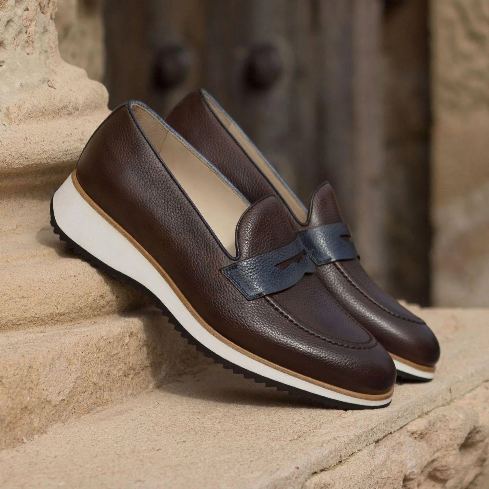 Timyo Loafers II: brown leather rounded toe loafers with blue strap