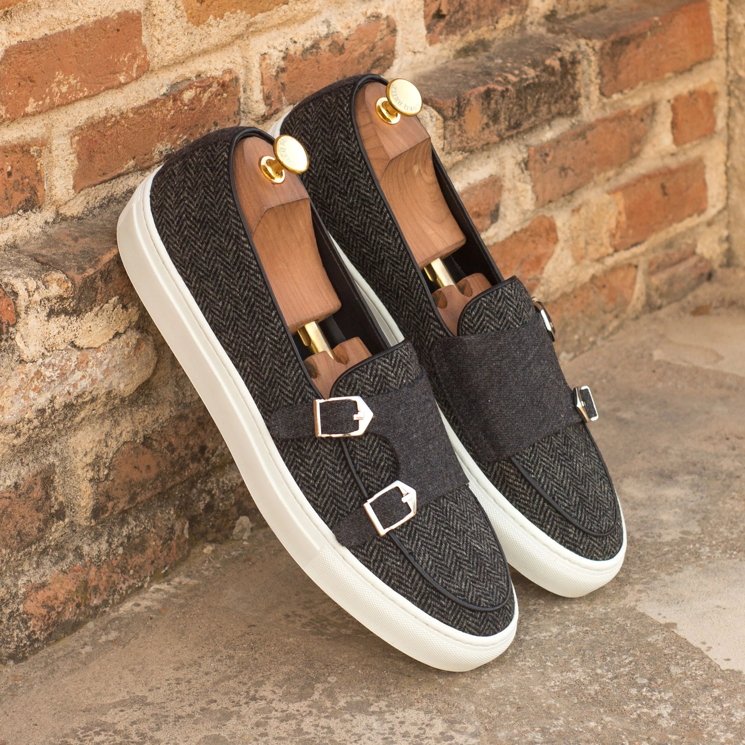 Gray Trove monk sneaker with double monk herringbone design