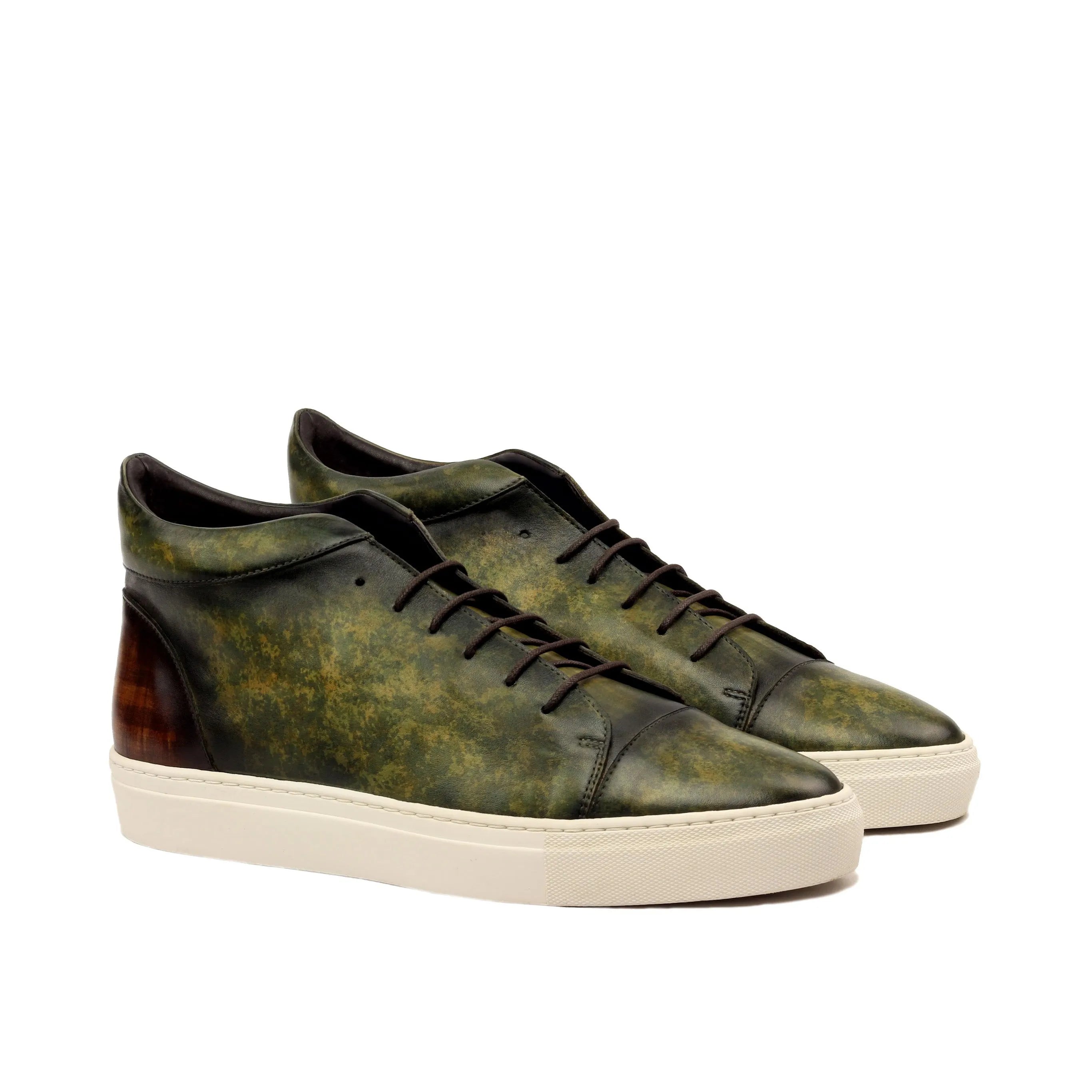 Vegas Patina high top green leather sneakers back view