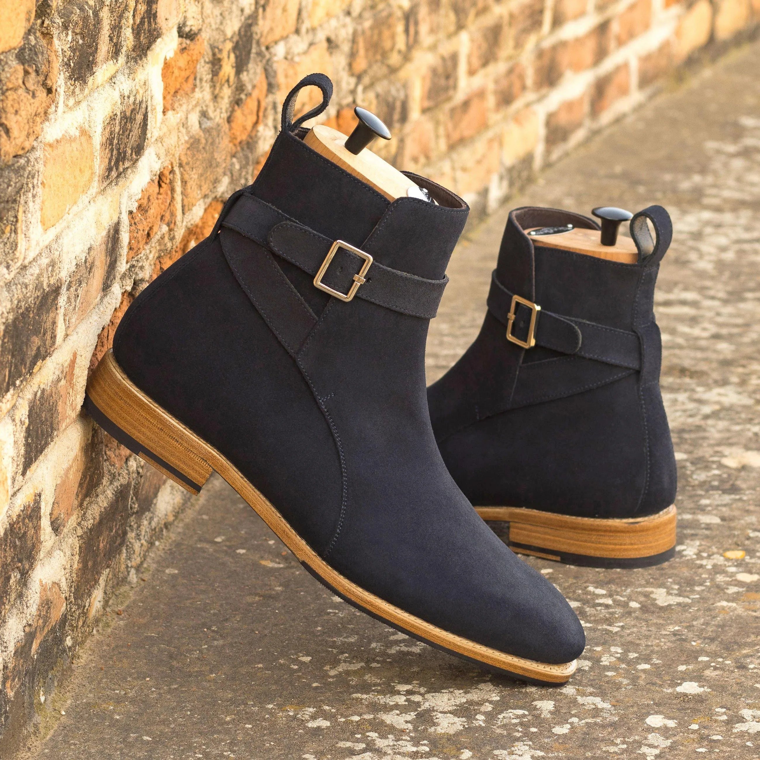 Black suede Vila Jodhpur Boots II with gold buckles