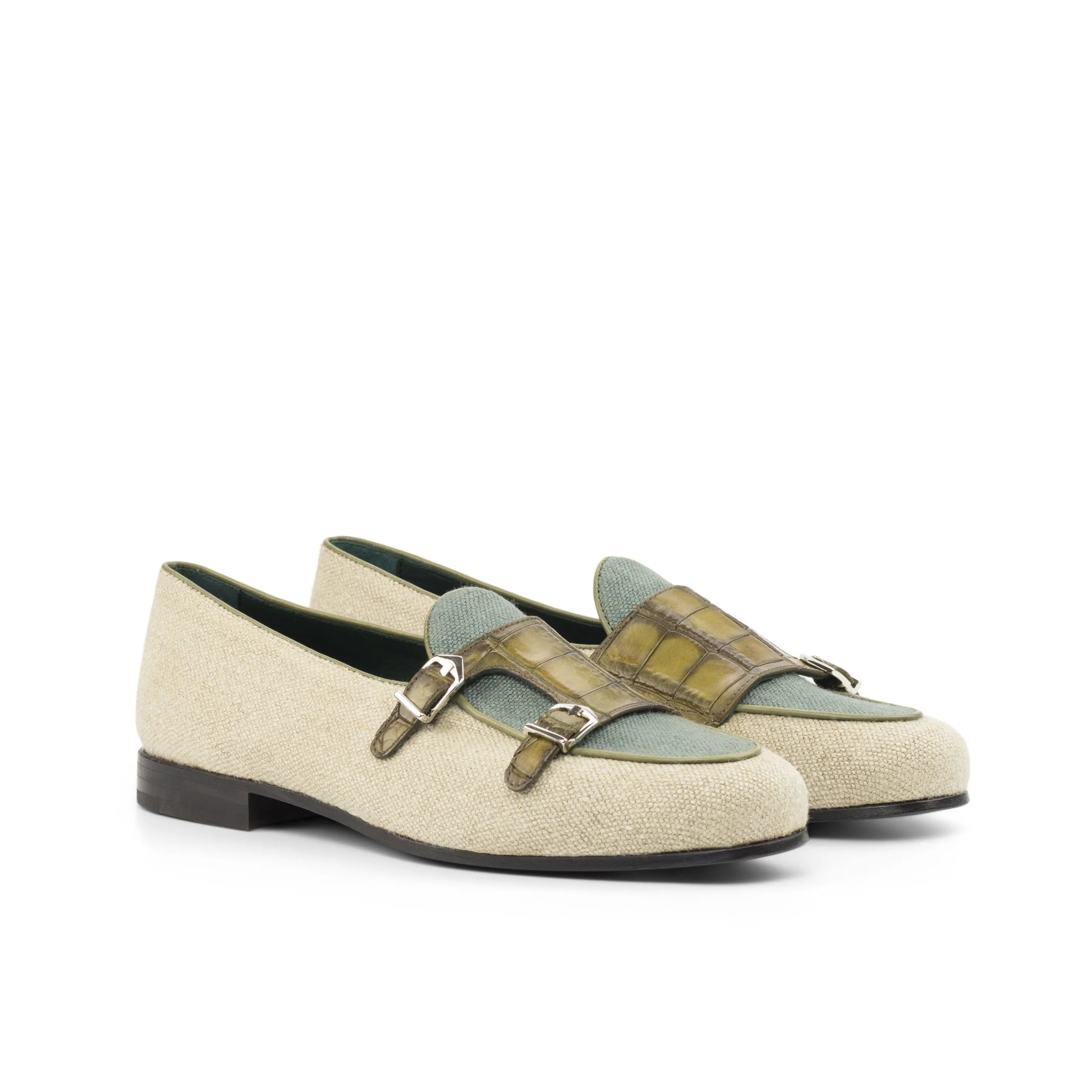 Votan Belgian Monk Slipper beige and olive green double monk strap loafers