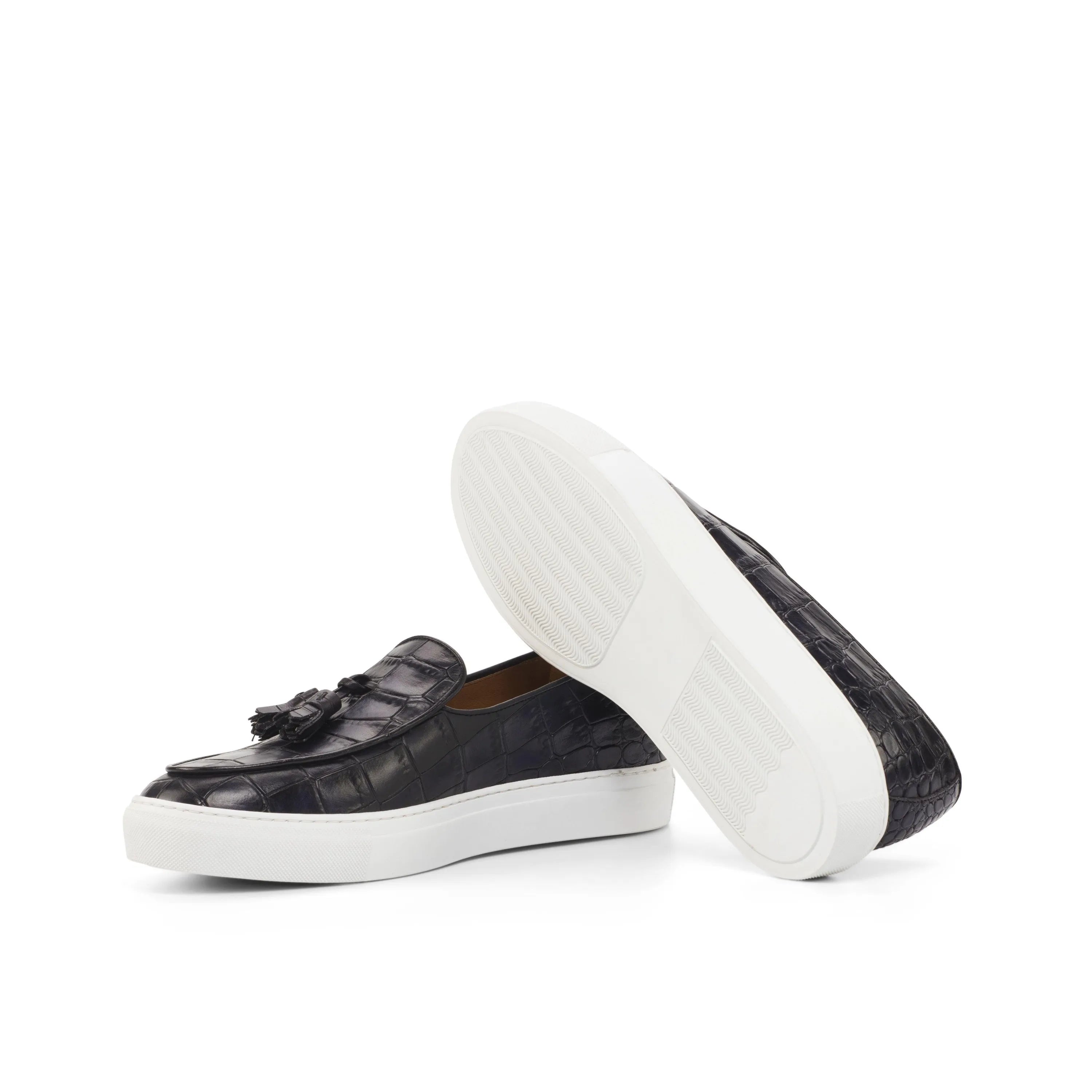 Xevia Belgian Monk Sneaker in black leather tassel loafers