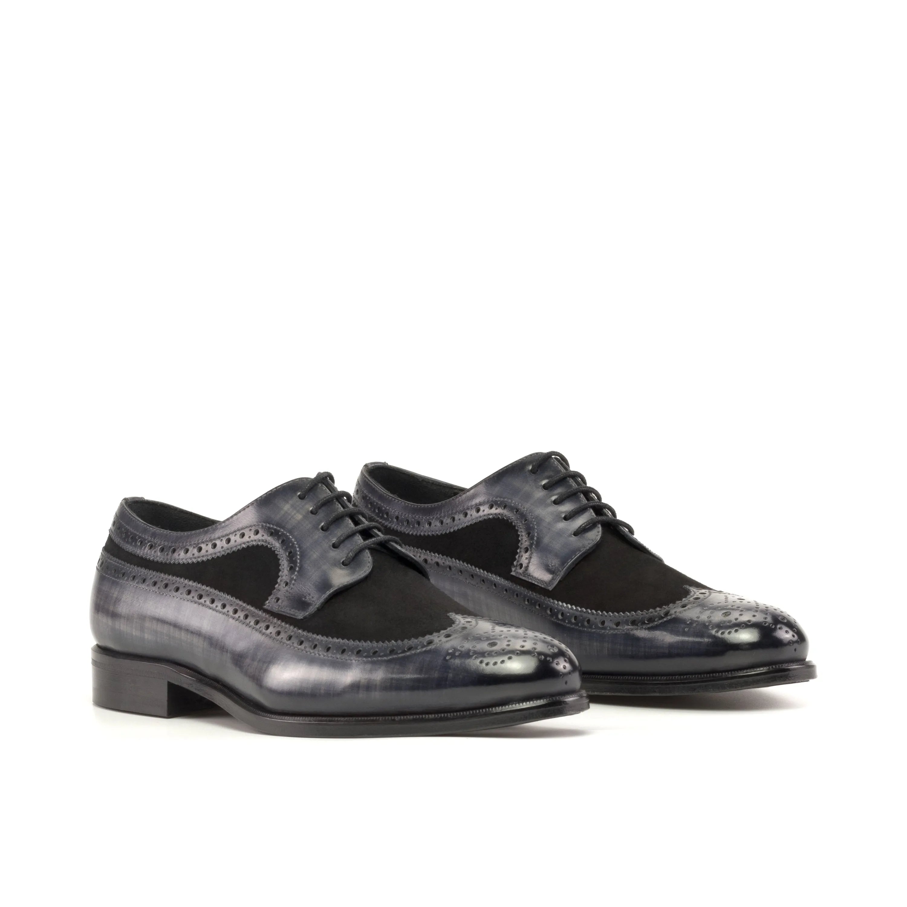 York Patina Longwing Blucher gray leather dress shoes pair