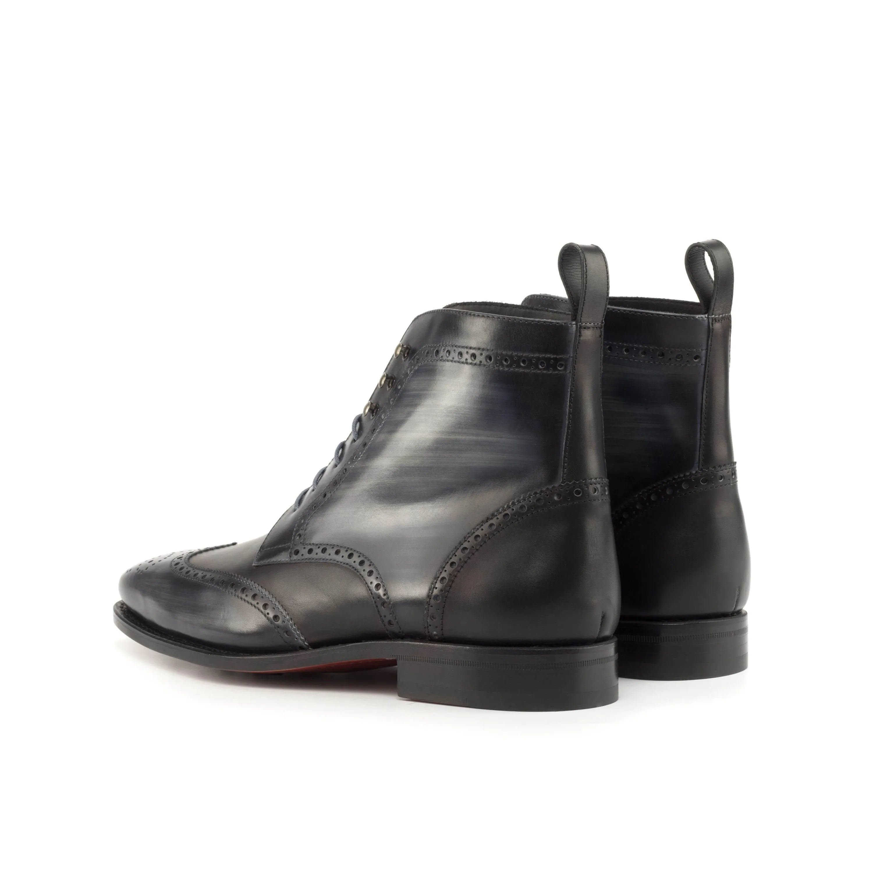 Zdan military brogue patina boots in gray leather wingtip design